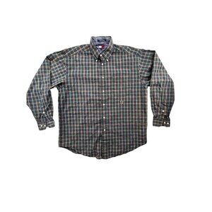90s Tommy Hilfiger Men Medium Navy Green/Red Lion Crest Plaid Button-Down Shirt